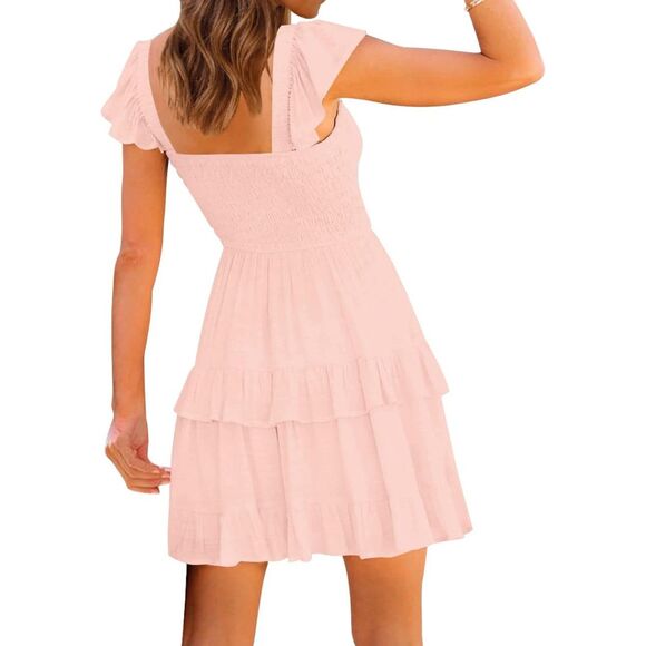 Ruffle Pink Boho Smocked Babydoll Mini Dress Flowy Beach Sundress Sz M - Picture 2 of 8
